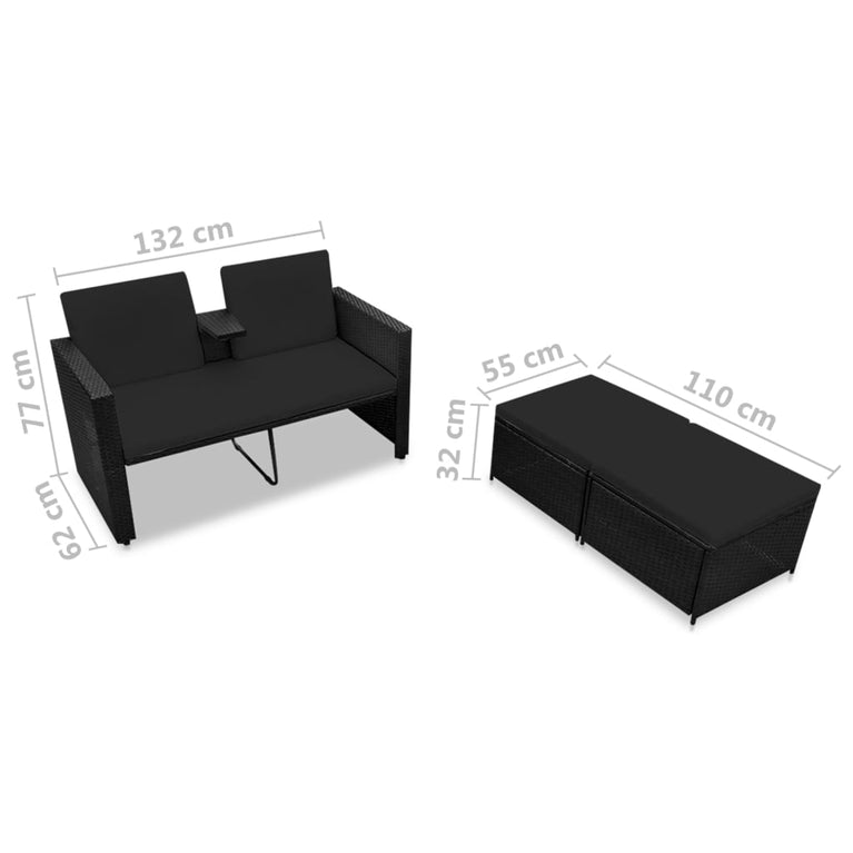 3-delige Loungeset met kussens poly rattan zwart MeubelReus