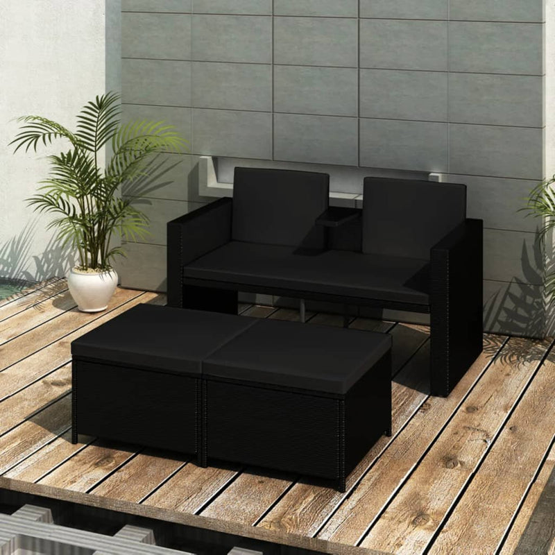 3-delige Loungeset met kussens poly rattan zwart MeubelReus