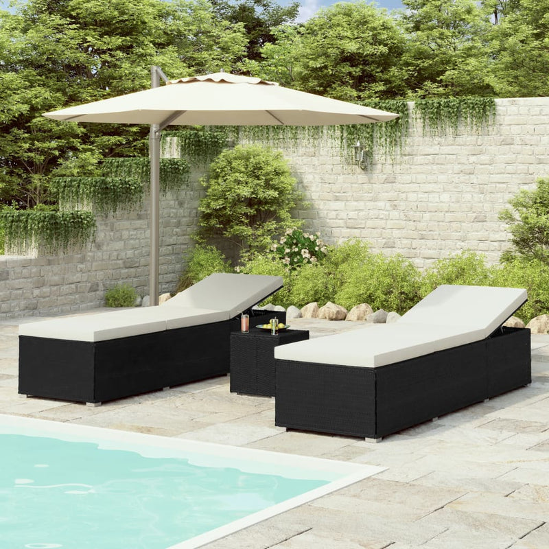 3-delige Ligbeddenset met theetafel poly rattan zwart MeubelReus