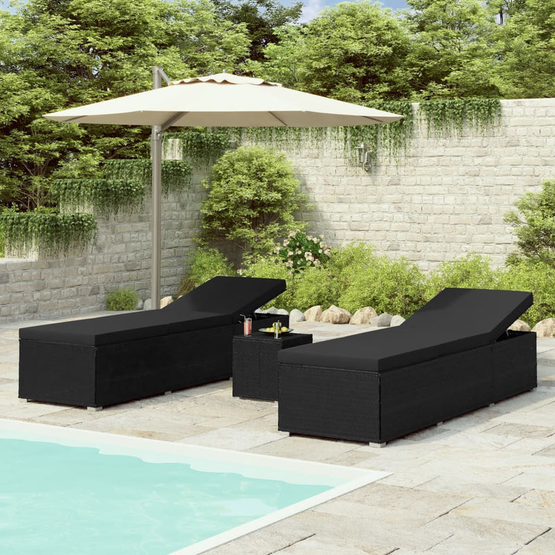 3-delige Ligbeddenset met theetafel poly rattan zwart MeubelReus