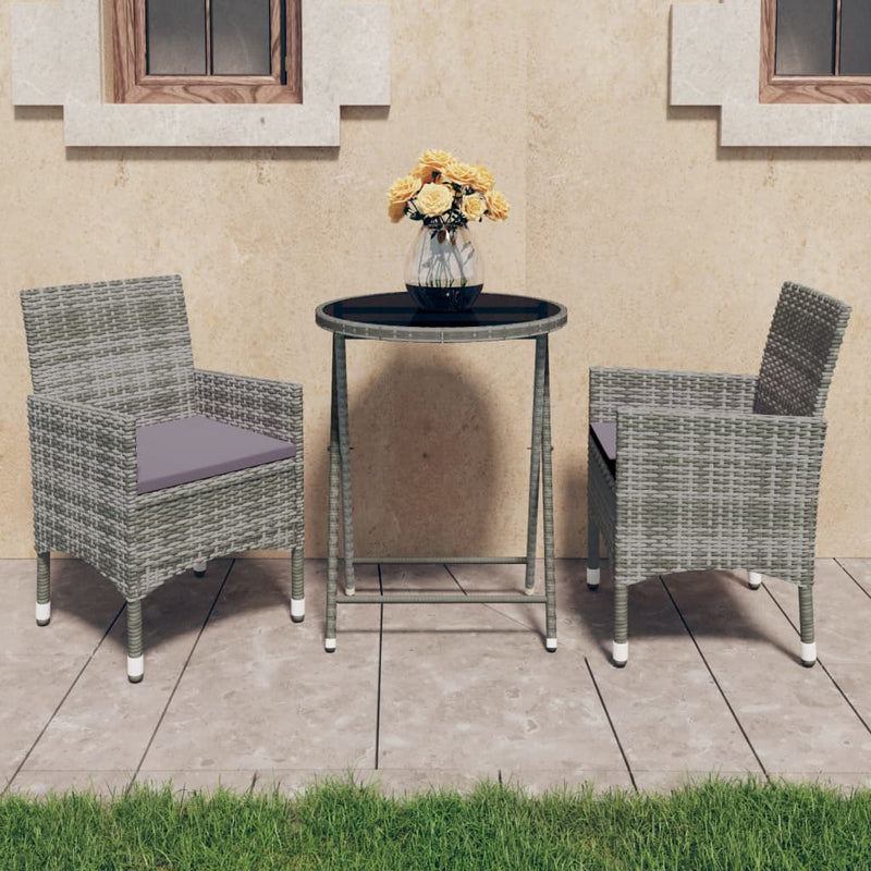 3-delige Bistroset poly rattan en gehard glas grijs MeubelReus