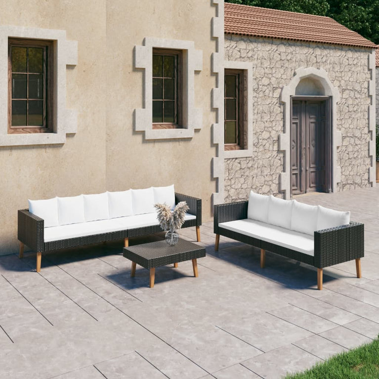 3-delige Loungeset met kussens poly rattan zwart MeubelReus