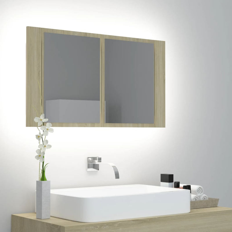 Badkamerkast met spiegel LED 80x12x45 acryl sonoma eikenkleurig MeubelReus