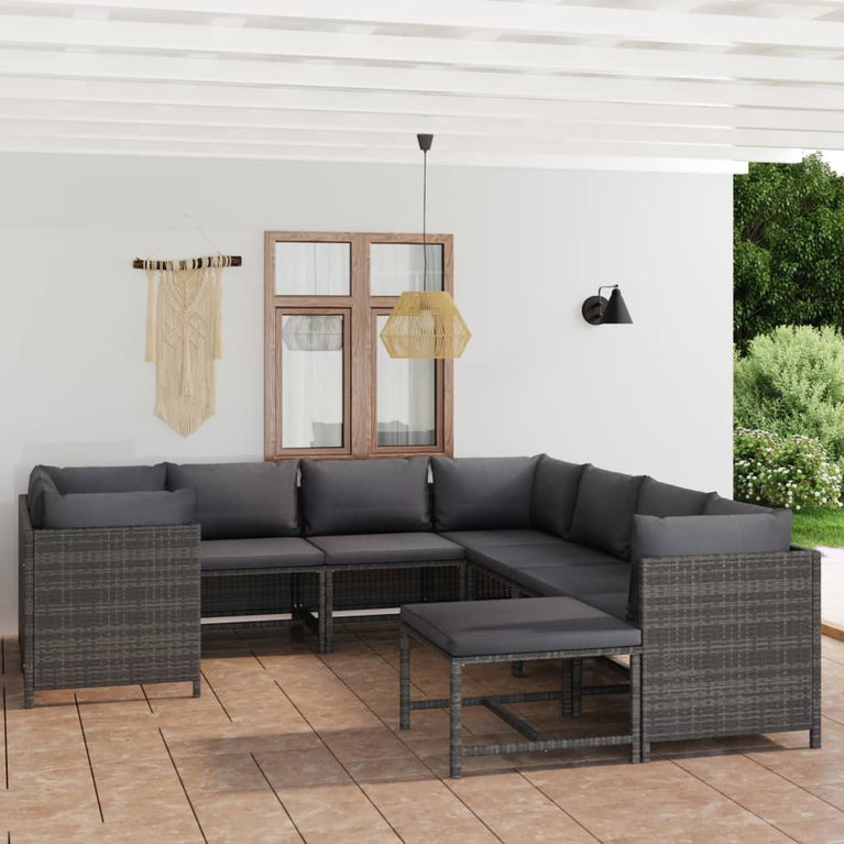 9-delige Loungeset met kussens poly rattan grijs MeubelReus