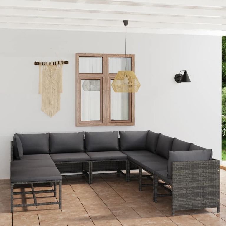 9-delige Loungeset met kussens poly rattan grijs MeubelReus