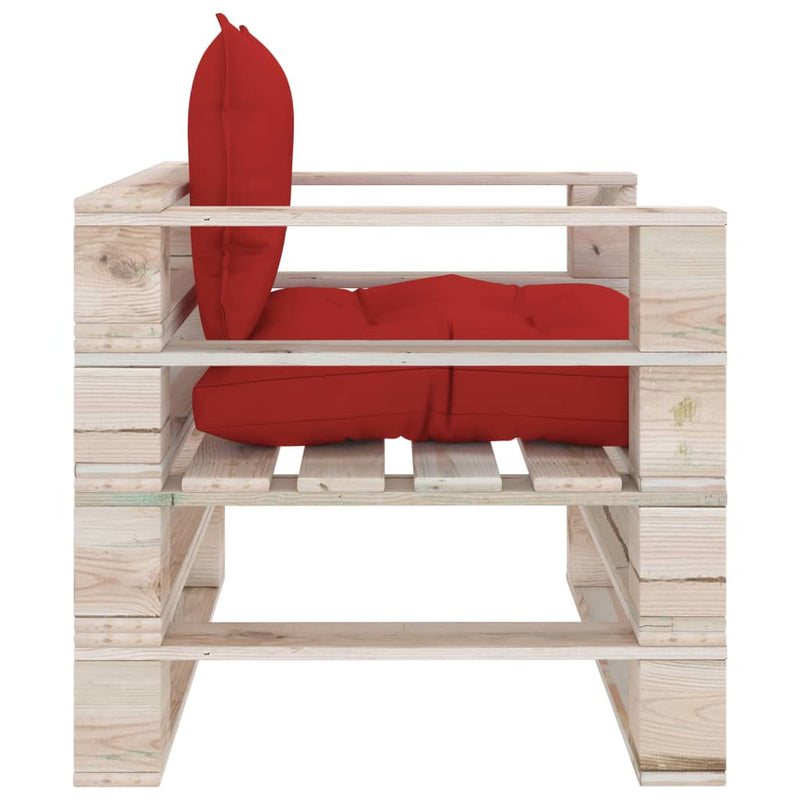 Tuinbank met rode kussens pallet grenenhout MeubelReus