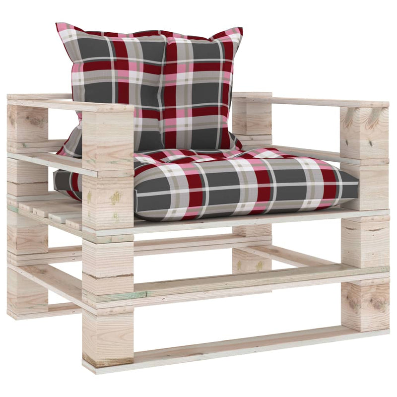 Tuinbank met rood geruite kussens pallet grenenhout MeubelReus
