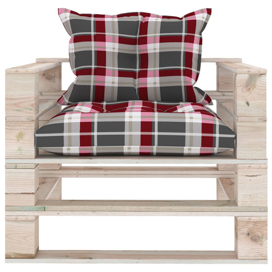Tuinbank met rood geruite kussens pallet grenenhout MeubelReus
