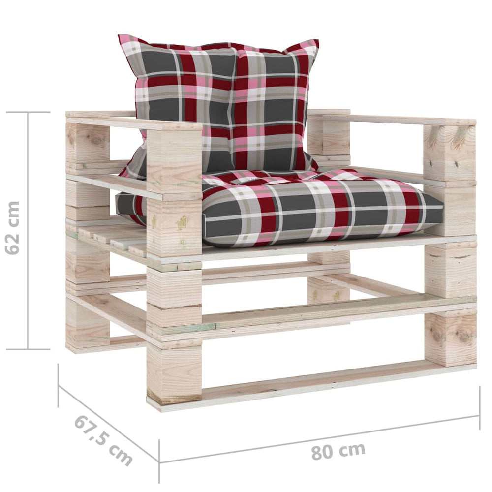 Tuinbank met rood geruite kussens pallet grenenhout MeubelReus
