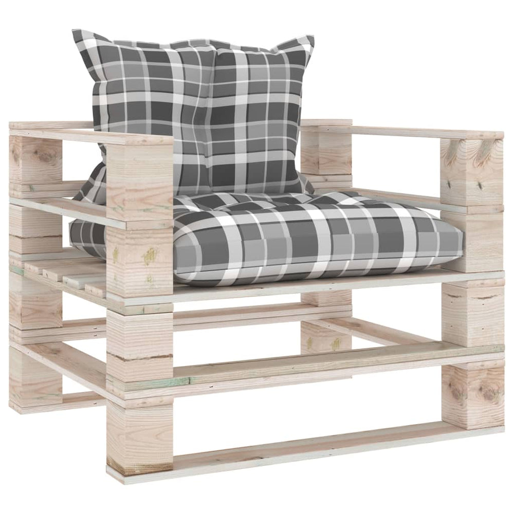 Tuinbank met grijs geruite kussens pallet grenenhout MeubelReus