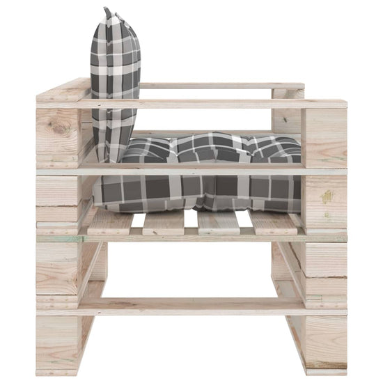Tuinbank met grijs geruite kussens pallet grenenhout MeubelReus