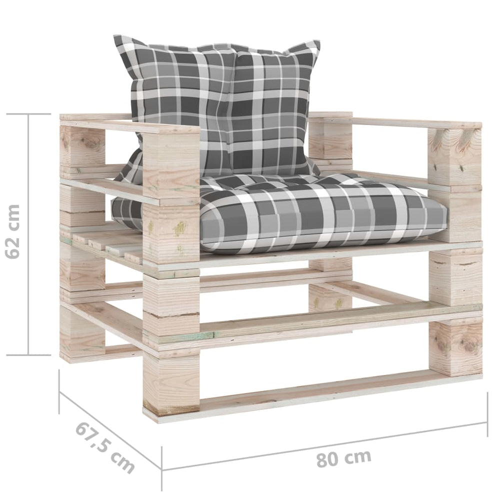 Tuinbank met grijs geruite kussens pallet grenenhout MeubelReus