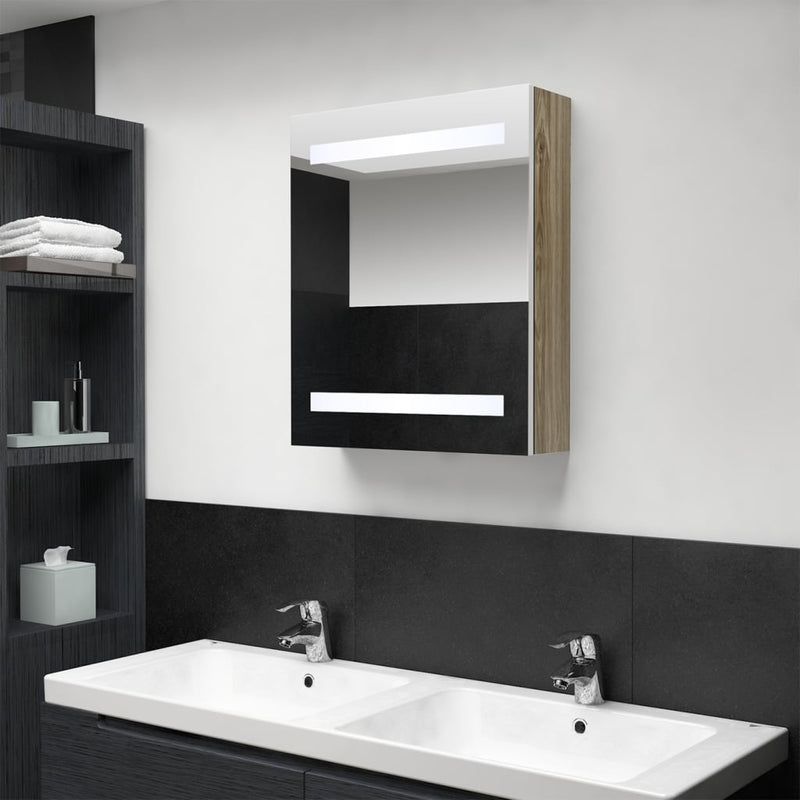 Badkamerkast met spiegel en LED 50x14x60 cm wit eikenkleurig MeubelReus