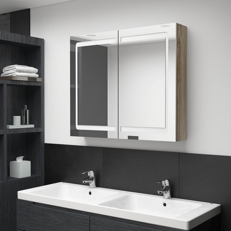 Badkamerkast met spiegel en LED 80x12x68 cm eikenkleurig MeubelReus