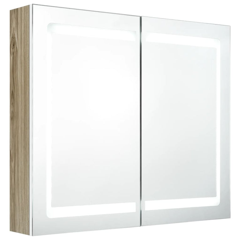 Badkamerkast met spiegel en LED 80x12x68 cm wit en eikenkleurig MeubelReus