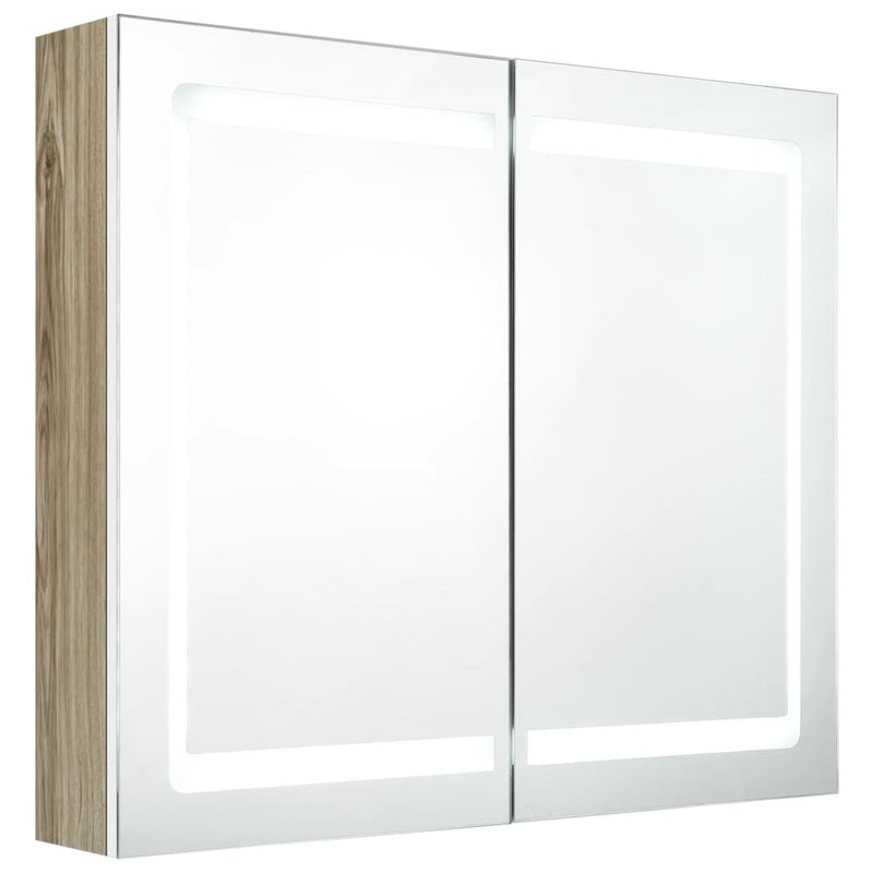 Badkamerkast met spiegel en LED 80x12x68 cm wit en eikenkleurig MeubelReus