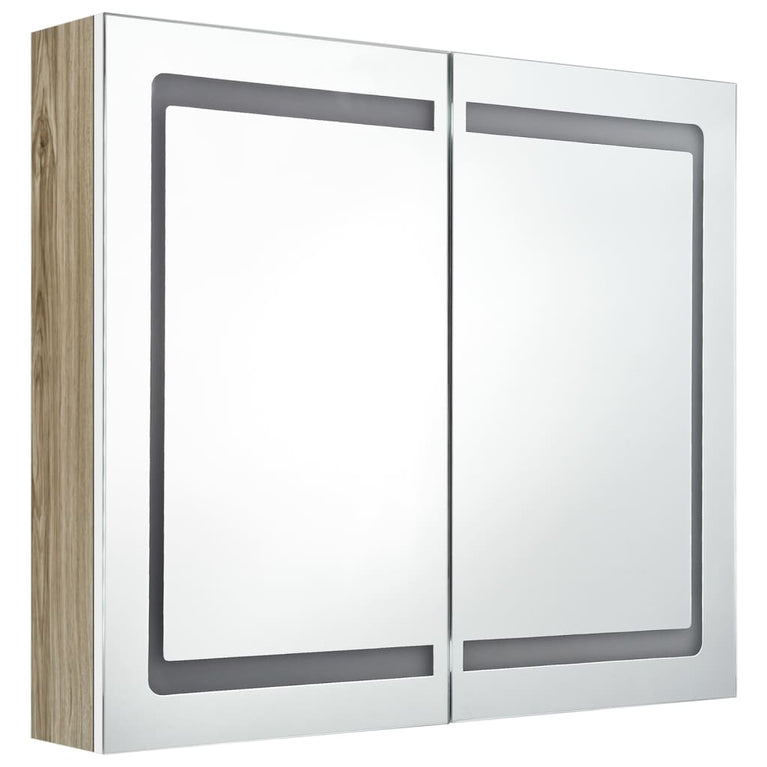 Badkamerkast met spiegel en LED 80x12x68 cm wit en eikenkleurig MeubelReus