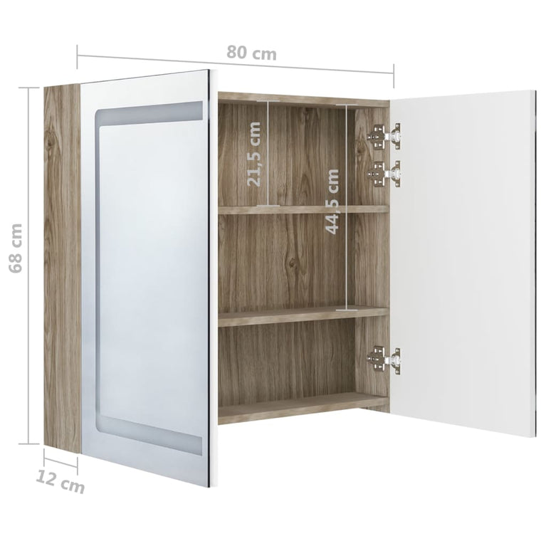 Badkamerkast met spiegel en LED 80x12x68 cm wit en eikenkleurig MeubelReus