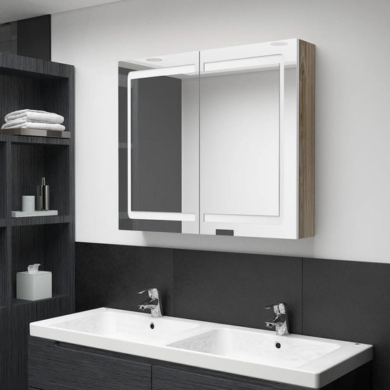 Badkamerkast met spiegel en LED 80x12x68 cm wit en eikenkleurig MeubelReus