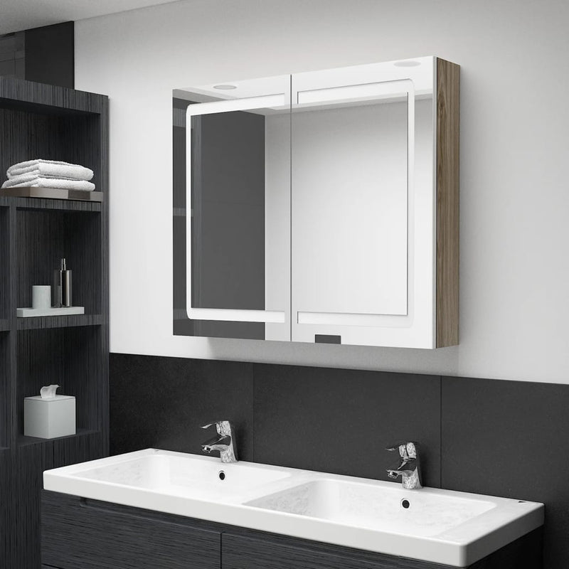 Badkamerkast met spiegel en LED 80x12x68 cm wit en eikenkleurig MeubelReus