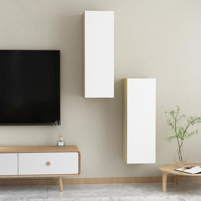 Tv-meubelen 2 st 30,5x30x90 cm spaanplaat wit sonoma eikenkleur