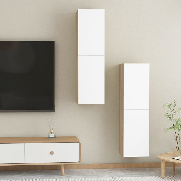 Tv-meubelen 2 st 30,5x30x110cm spaanplaat wit sonoma eikenkleur