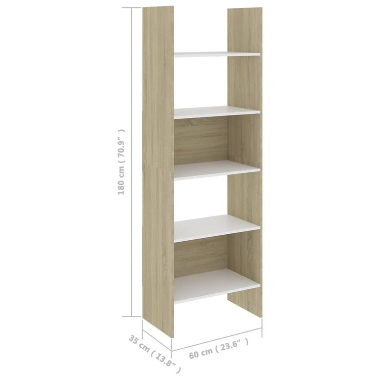 Boekenkast 60x35x180 cm spaanplaat wit en sonoma eikenkleurig