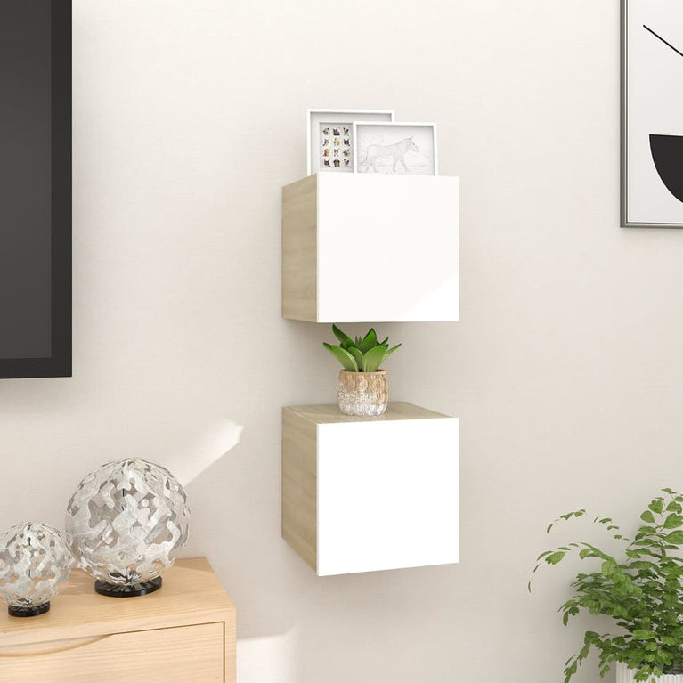 Tv-wandmeubelen 2 st 30,5x30x30 cm wit en sonoma eikenkleurig MeubelReus