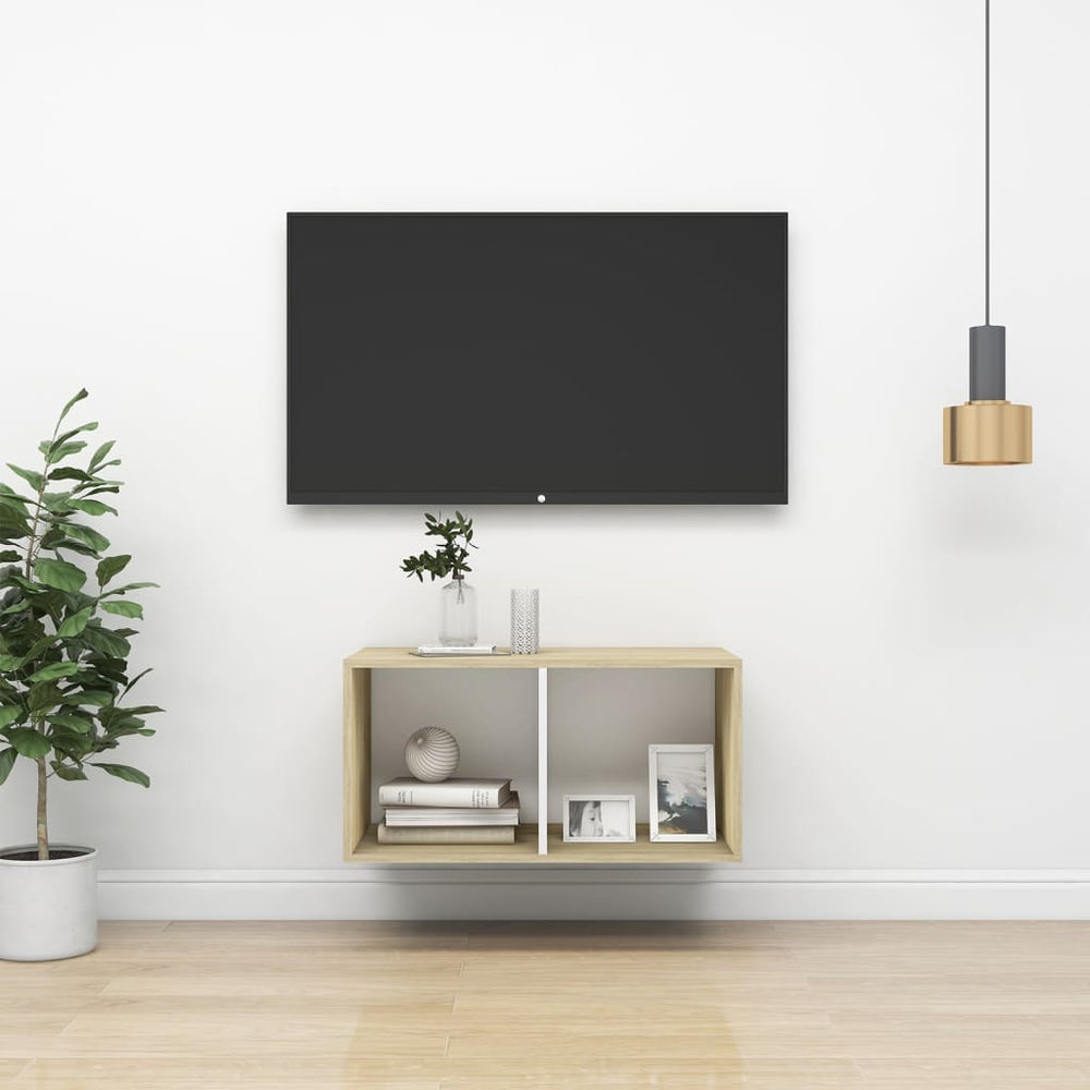 Tv-wandmeubel 37x37x72 cm spaanplaat sonoma eikenkleurig en wit MeubelReus