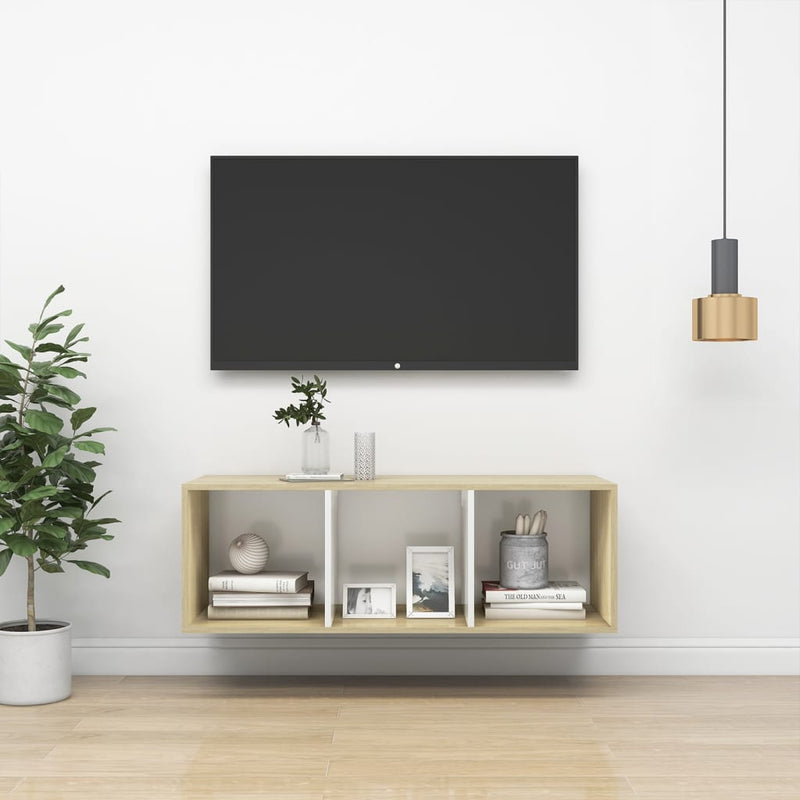Tv-wandmeubel 37x37x107 cm spaanplaat sonoma eikenkleurig wit MeubelReus