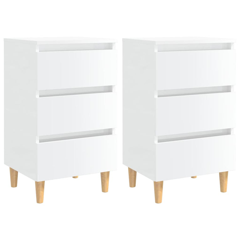 Nachtkastjes 2 st met houten poten 40x35x69 cm hoogglans wit