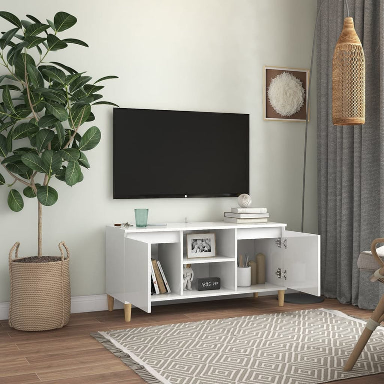 Tv-meubel met houten poten 103,5x35x50 cm hoogglans wit