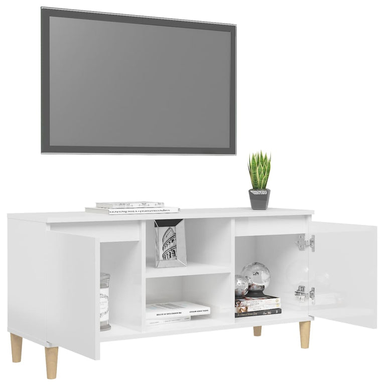 Tv-meubel met houten poten 103,5x35x50 cm hoogglans wit