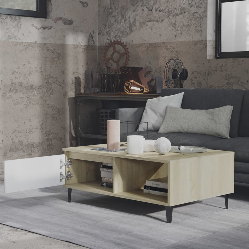 Salontafel 90x60x35 cm spaanplaat wit en sonoma eikenkleurig MeubelReus