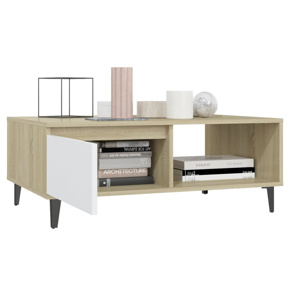 Salontafel 90x60x35 cm spaanplaat wit en sonoma eikenkleurig MeubelReus