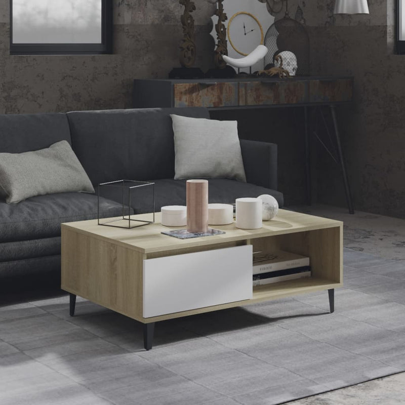Salontafel 90x60x35 cm spaanplaat wit en sonoma eikenkleurig MeubelReus
