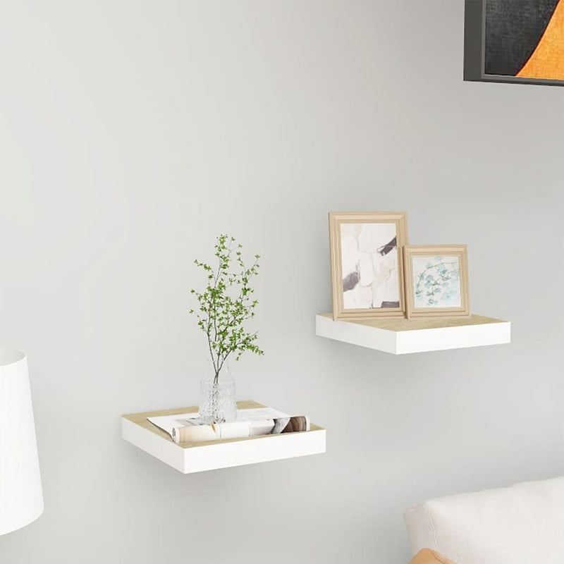Wandschappen zwevend 2 st 23x23,5x3,8 cm MDF eikenkleurig wit MeubelReus