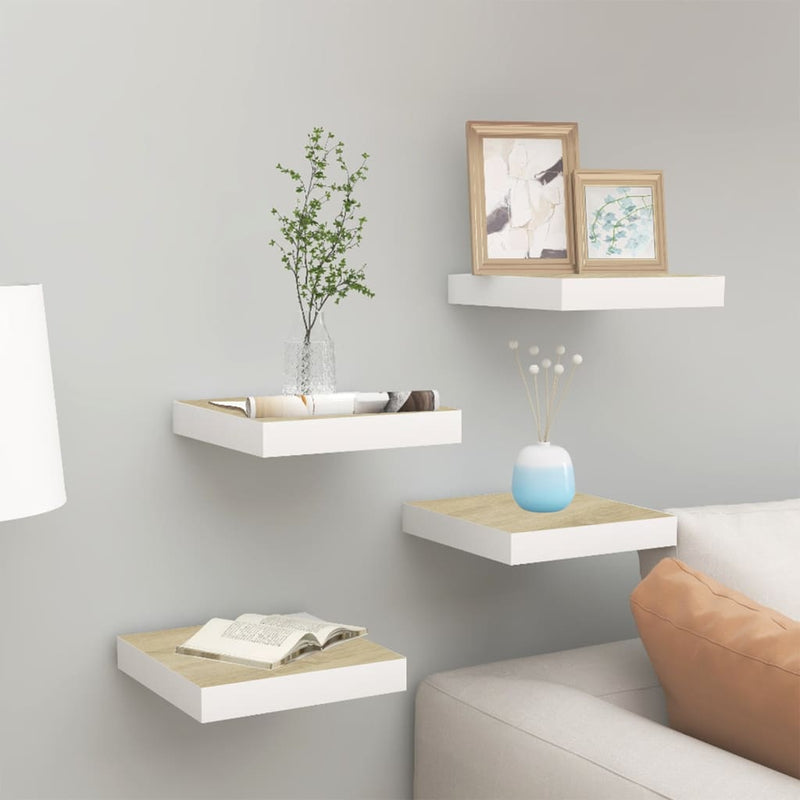 Wandschappen zwevend 4 st 23x23,5x3,8 cm MDF eikenkleurig wit MeubelReus