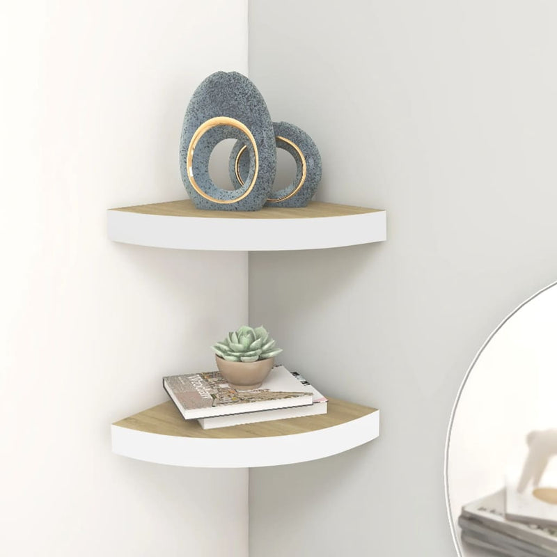 Hoekwandschappen 2 st 25x25x3,8 cm MDF eikenkleurig en wit MeubelReus