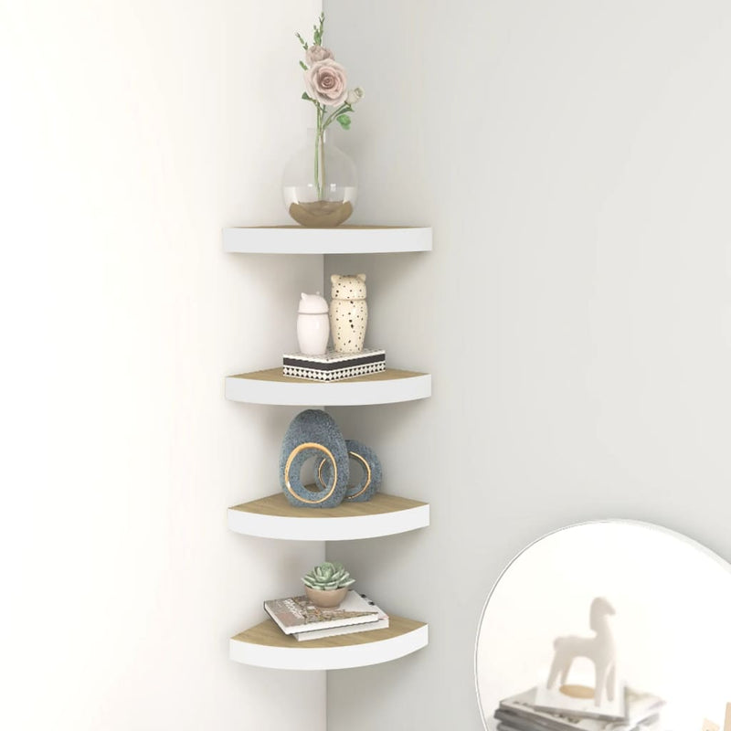 Hoekwandschappen 4 st 25x25x3,8 cm MDF eikenkleurig en wit MeubelReus