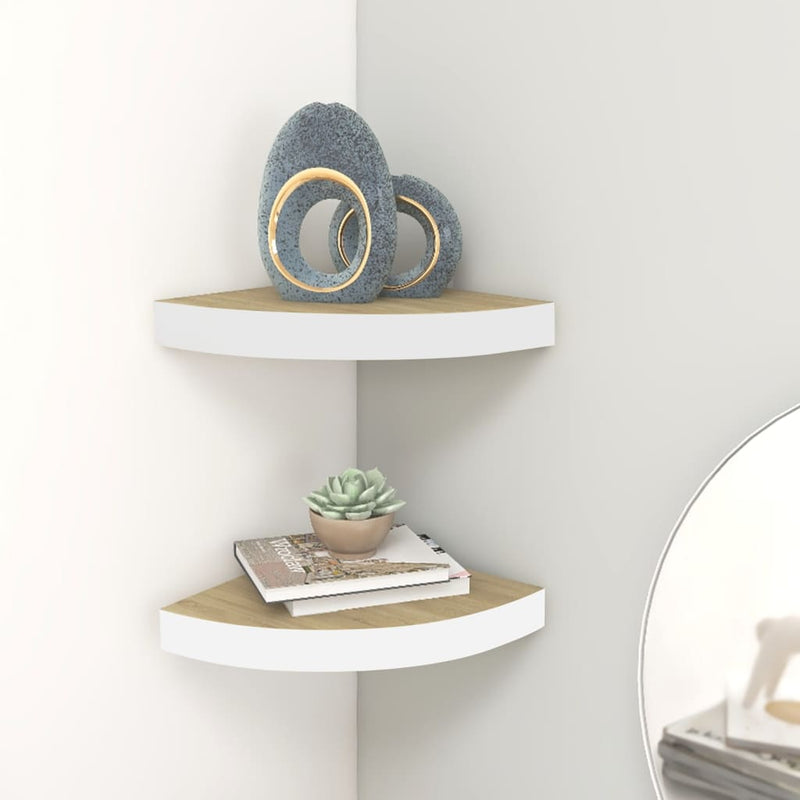 Hoekwandschappen 2 st 35x35x3,8 cm MDF eikenkleurig en wit MeubelReus