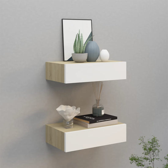 Wandschappen 2 st met lade 40x23,5x10 cm MDF eikenkleur en wit MeubelReus