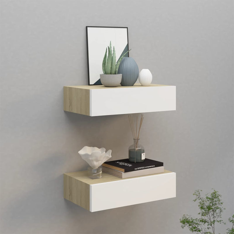 Wandschappen 2 st met lade 40x23,5x10 cm MDF eikenkleur en wit MeubelReus
