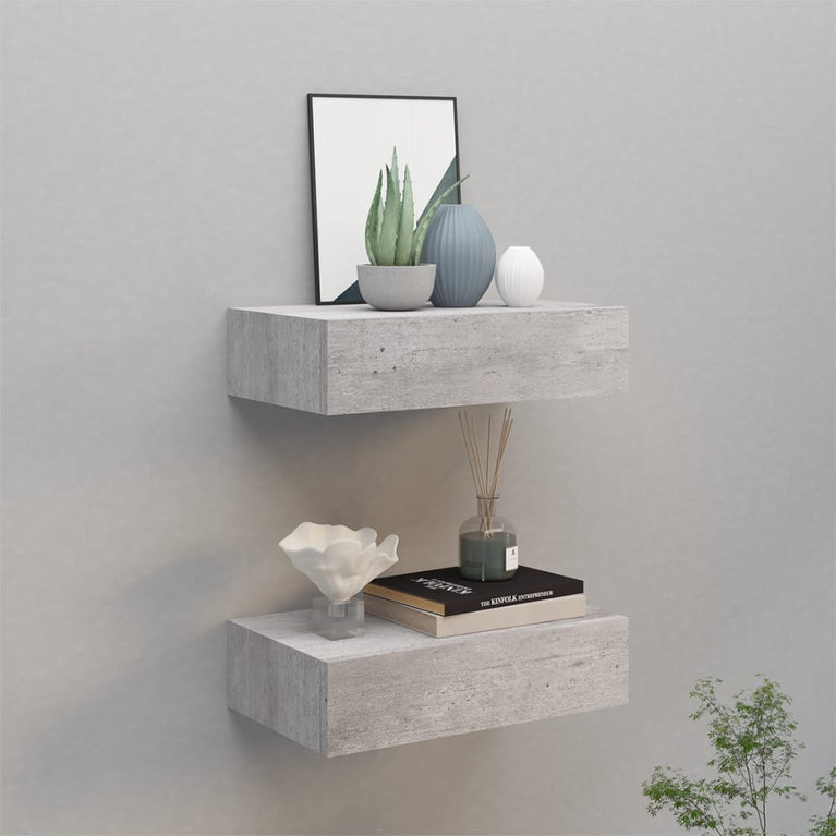 Wandschappen 2 st met lade 40x23,5x10 cm MDF betongrijs MeubelReus