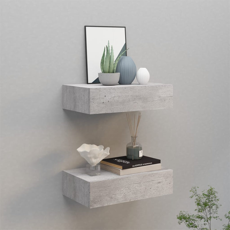 Wandschappen 2 st met lade 40x23,5x10 cm MDF betongrijs MeubelReus