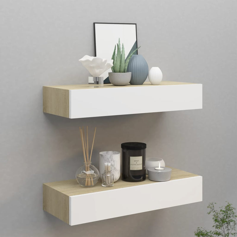 Wandschappen 2 st met lade 60x23,5x10 cm MDF eikenkleurig wit MeubelReus