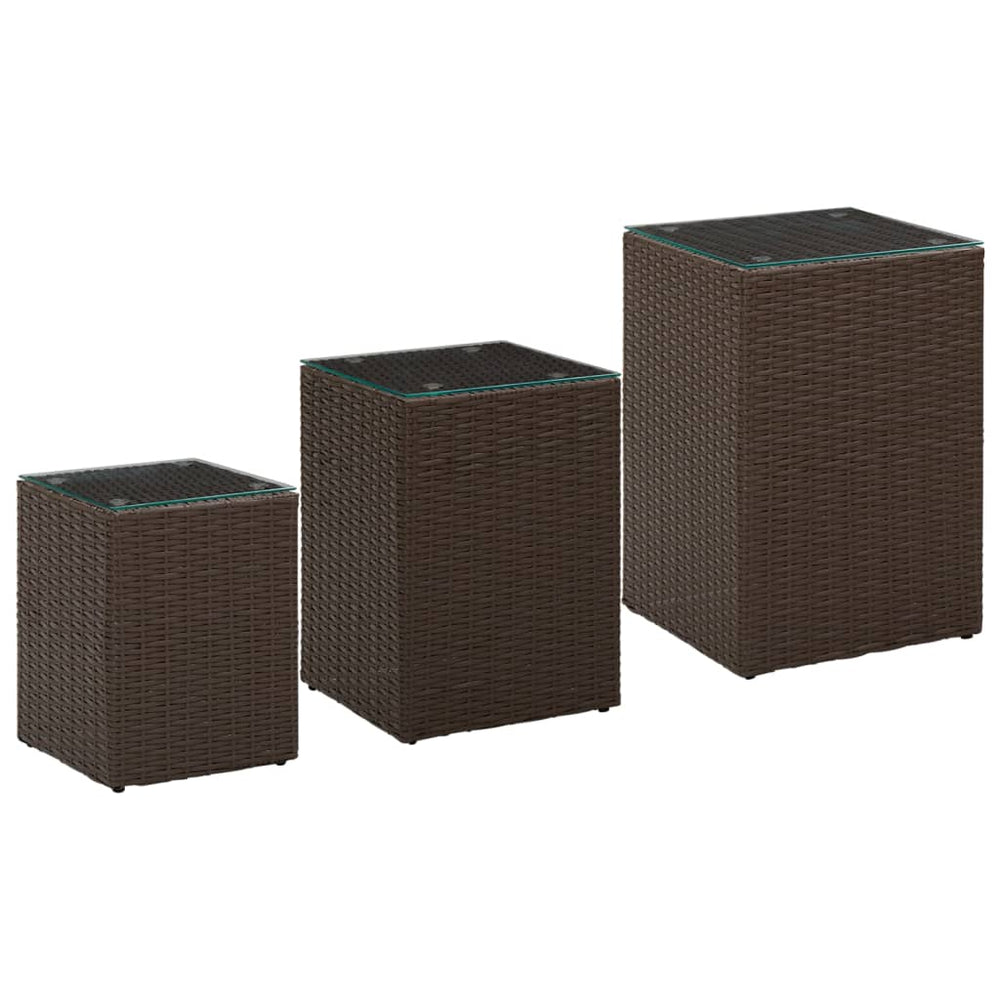 3-delige Bijzettafelset met glazen blad poly rattan bruin MeubelReus
