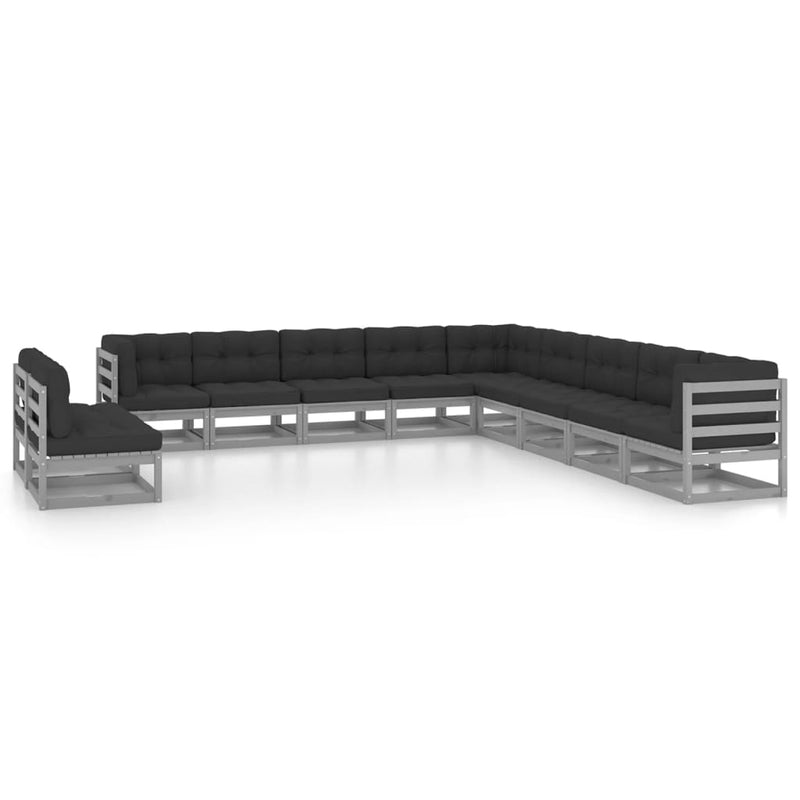 11-delige Loungeset met kussens massief grenenhout grijs