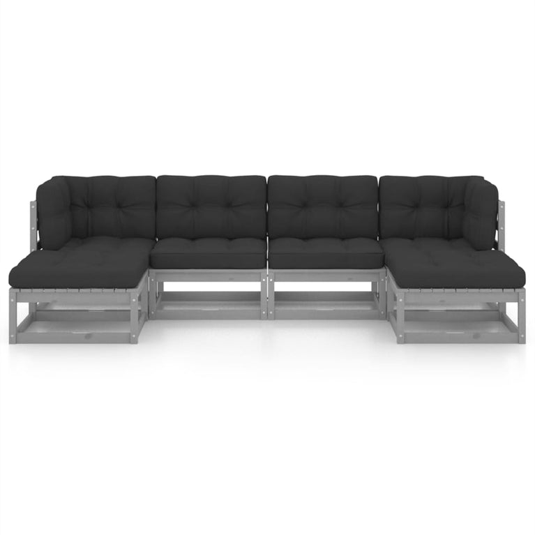 6-delige Loungeset met kussens massief grenenhout grijs