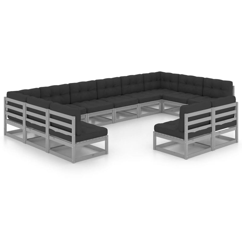 12-delige Loungeset met kussens massief grenenhout grijs